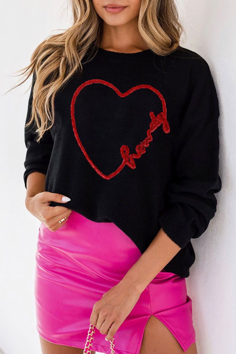 Black Howdy Heart Graphic Round Neck Casual Sweater