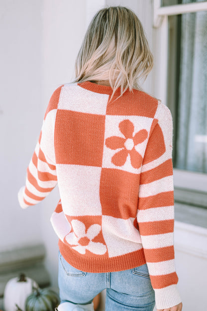 Checkered Floral Print Striped Sleeve Sweater | Brown