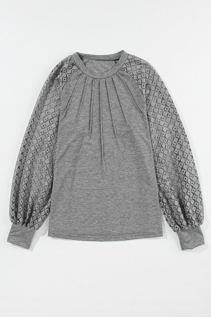 Contrast Lace Raglan Sleeve Plicated Knit Top | Gray