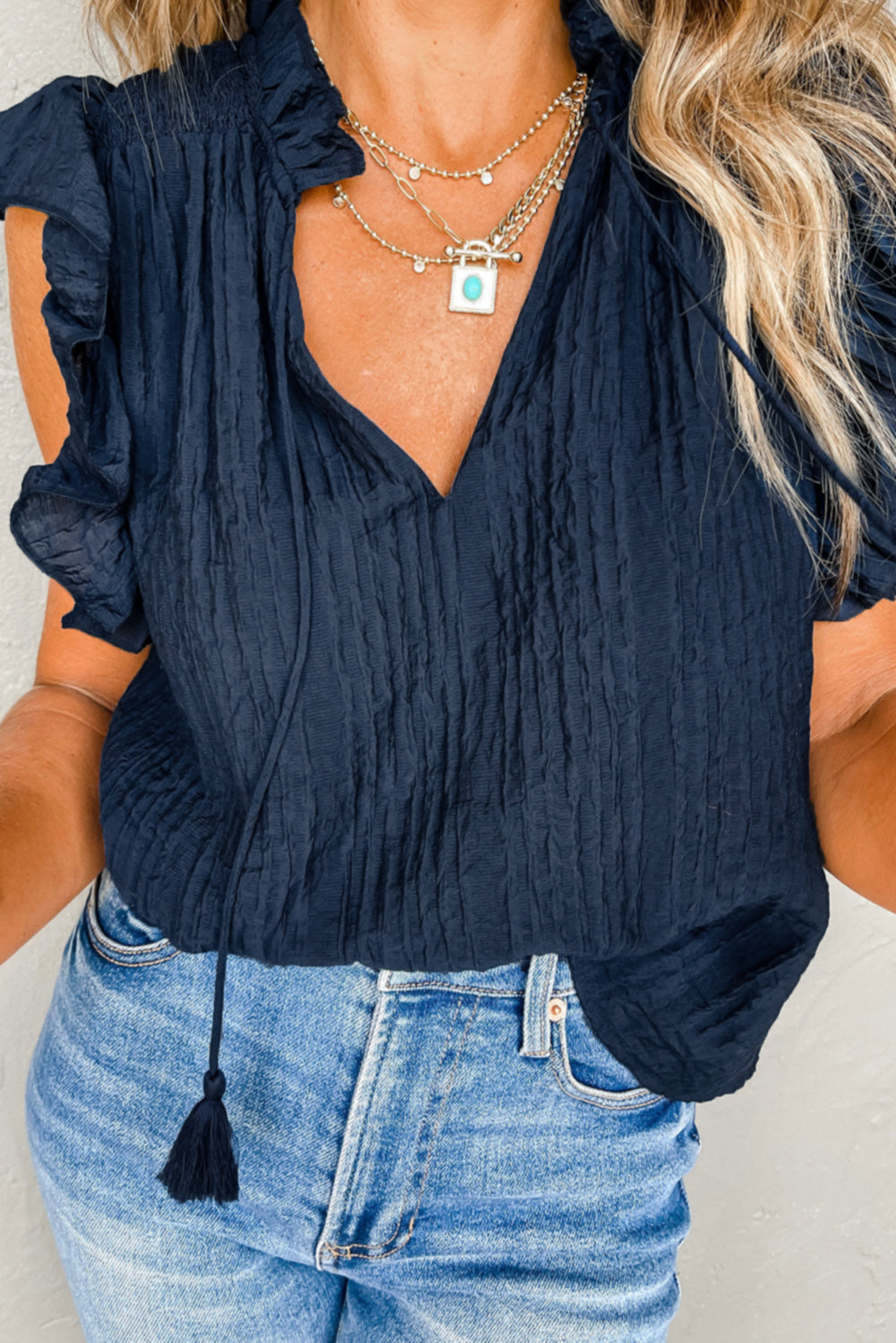 V Neck Flutter Sleeve Textured Blouse | Navy Blue