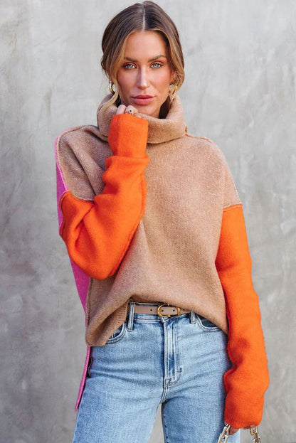 Colour Block Turtle Neck Drop Shoulder Knit Sweater | Khaki