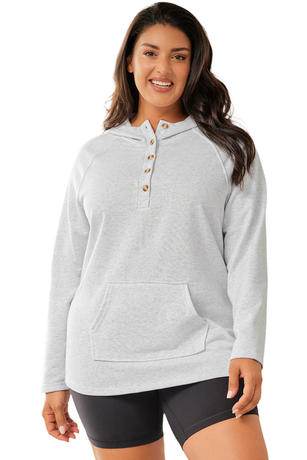 Plus Size Kangaroo Pocket Henley Button Hoodie | Gray