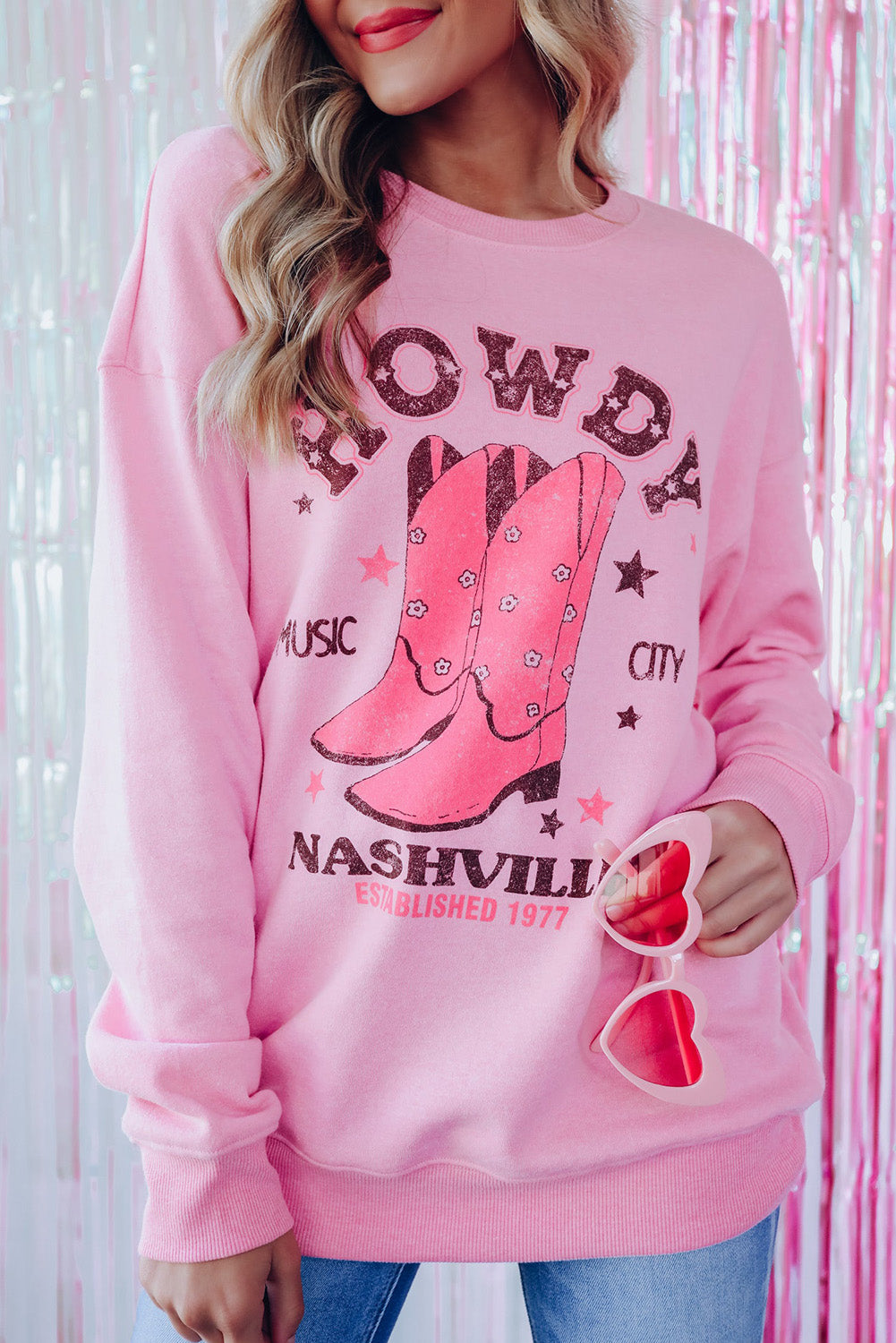 Pink HOWDY NASHVILLE Vintage Western Graphic Sweatshirt