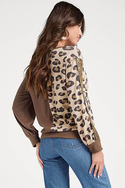 Leopard Splicing Waffle Knit V Neck Top | Brown