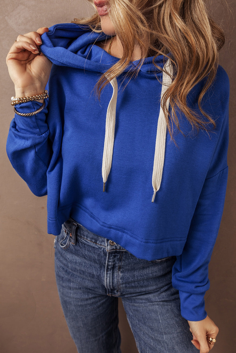 Solid Drop Shoulder Drawstring Cropped Hoodie | Dark Blue