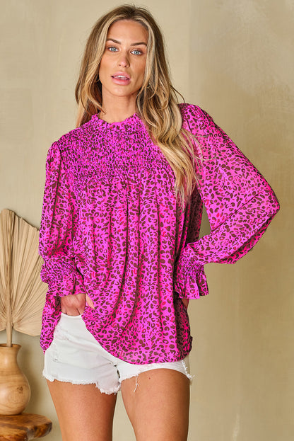 Leopard Shirred Puff Sleeve Flowy Blouse | Rose