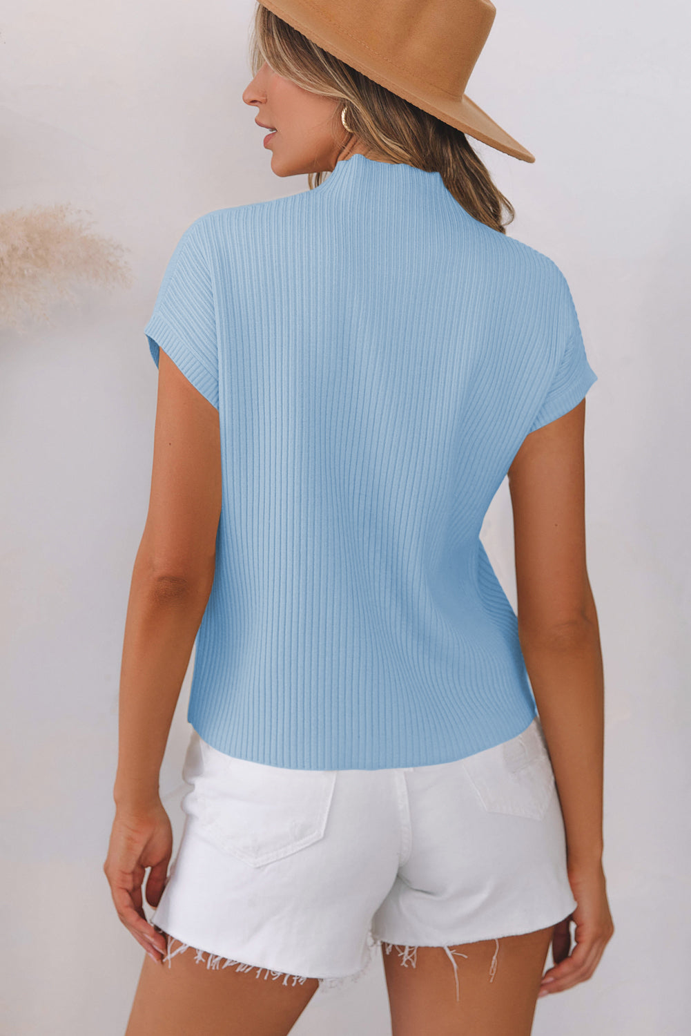 Patch Pocket Ribbed Knit Short Sleeve Sweater | Beau Blue