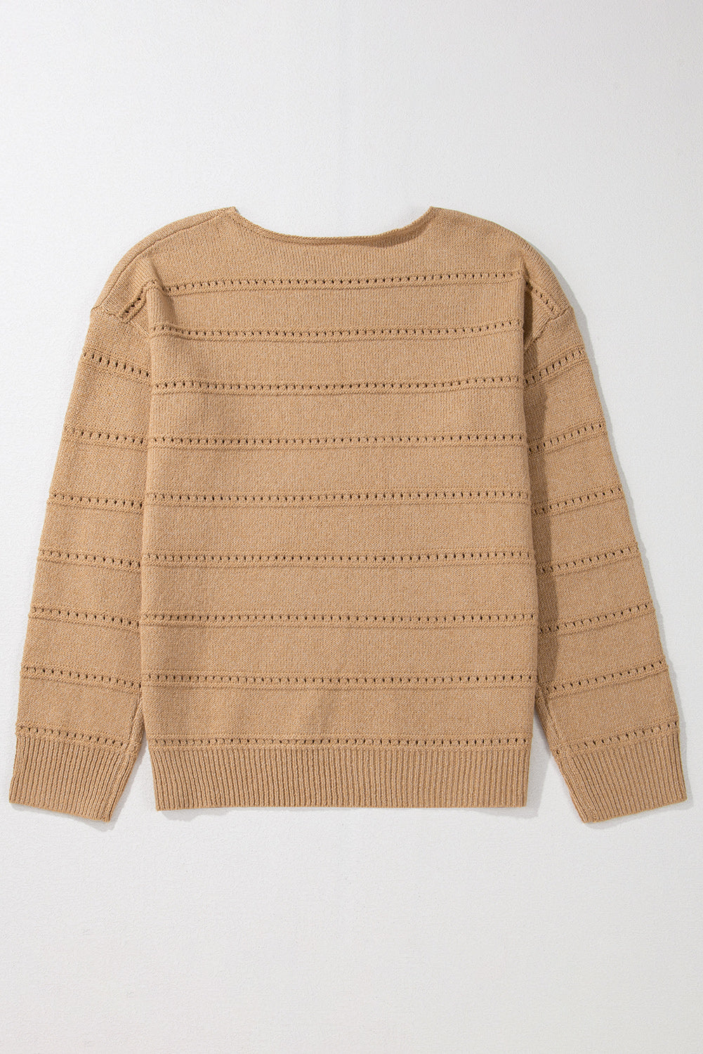 Boat Neck Drop Shoulder Pointelle Knit Sweater | Pale Khaki