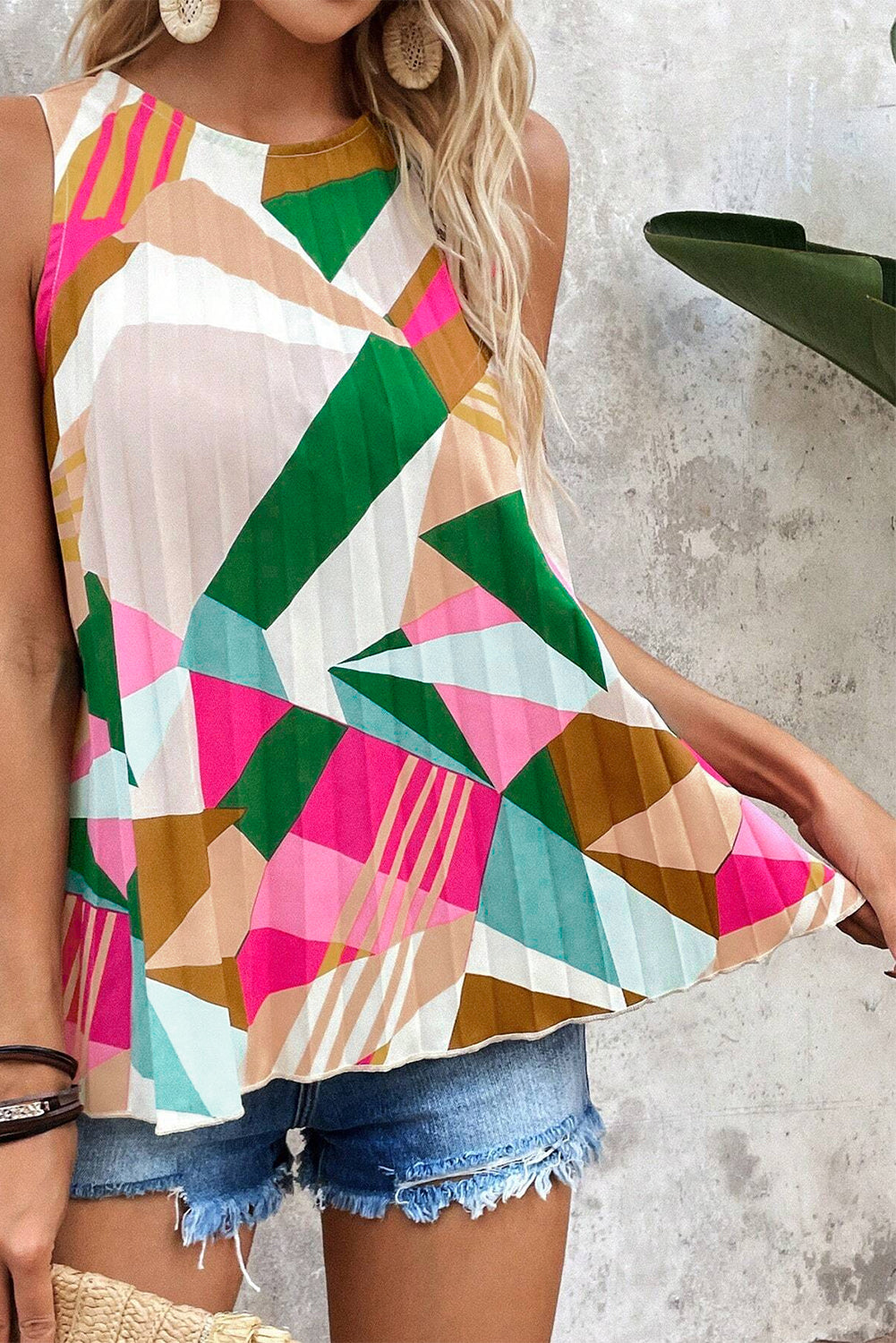 Geometric Printed Pleated Shift Tank Top | Multicolour