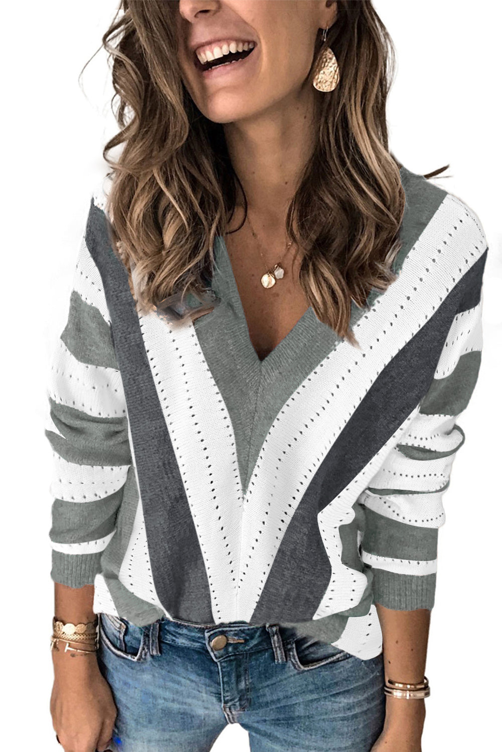 Striped Colourblock V Neck Knitted Sweater | Gray