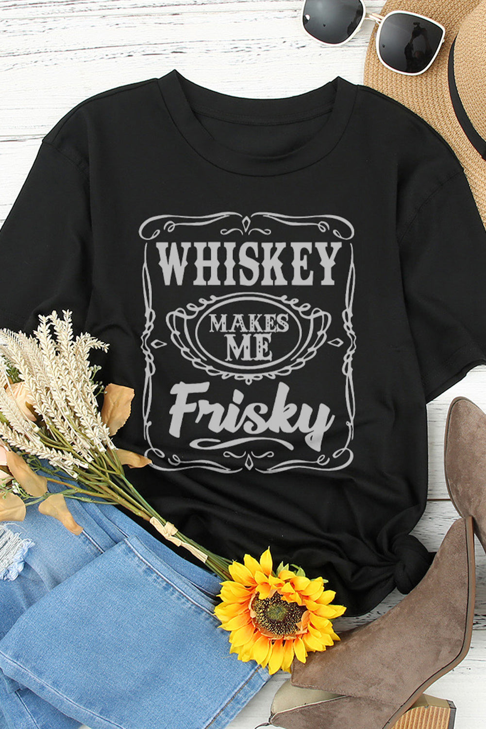 Whiskey Makes Me Frisky Print Graphic Tee | Black