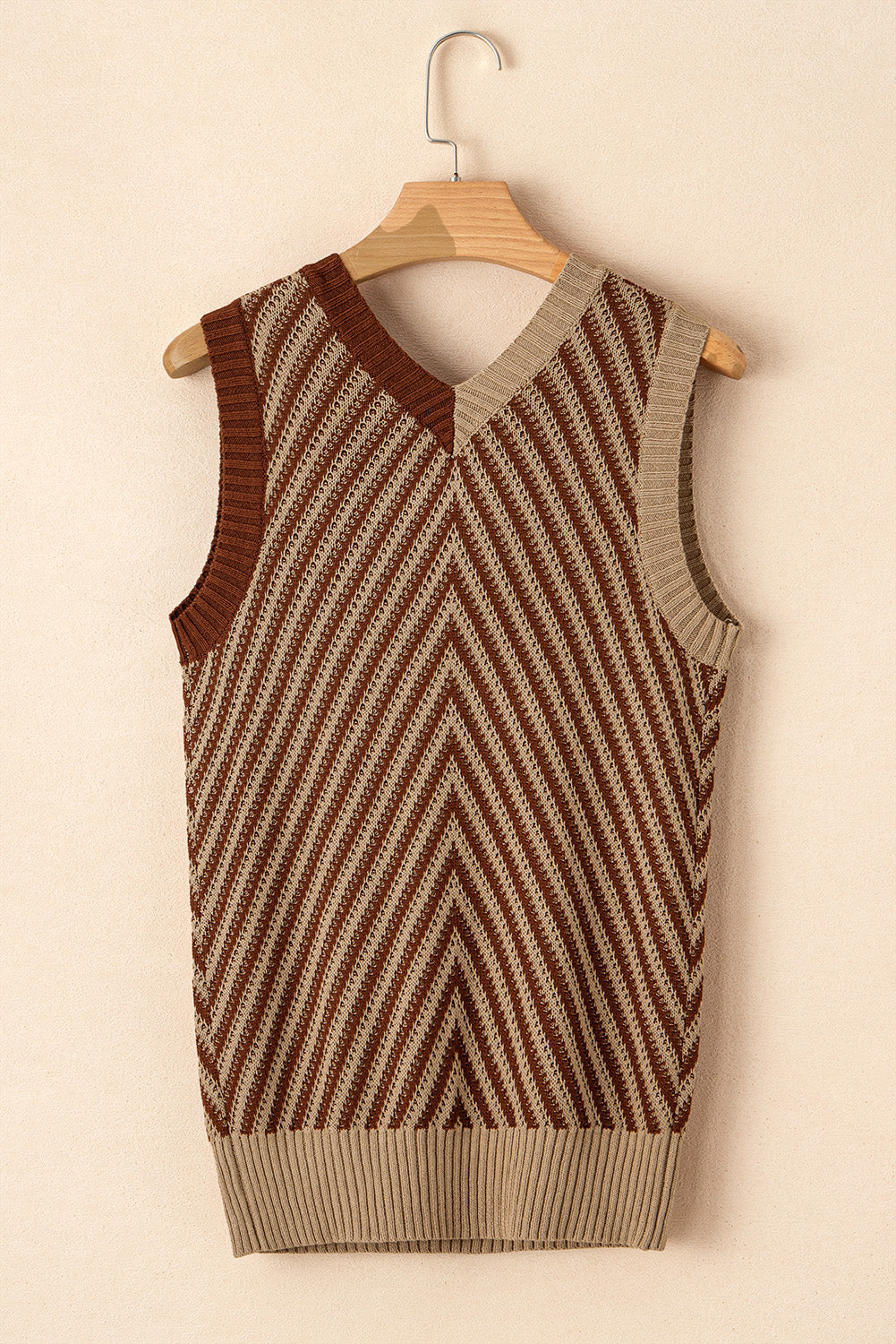 Contrast Chevron Knit V Neck Sweater Vest | Light French Beige