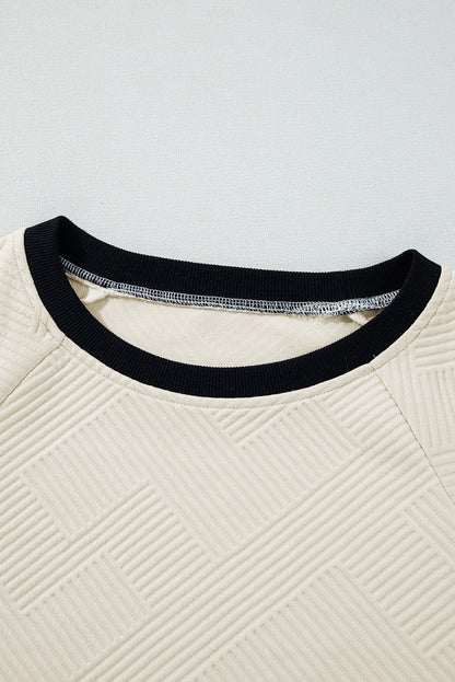 Colour Block Edge Raglan Sleeve Crew Neck Textured Top | Jet Stream