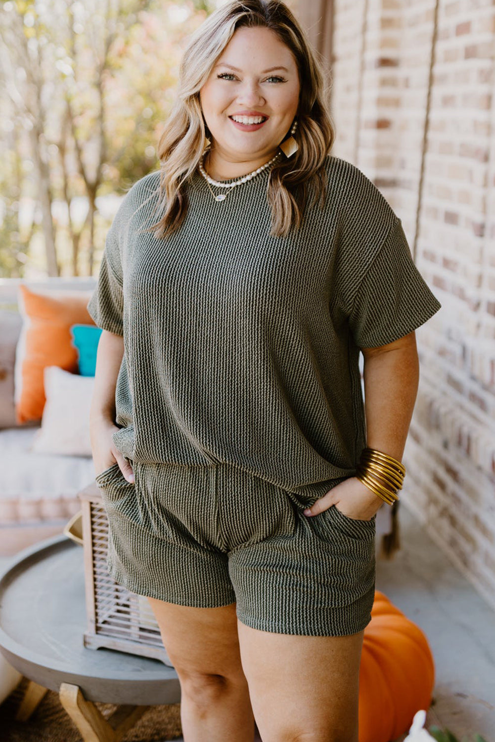 Plus Size Rib Knit Short Sleeve Top And Shorts Set | Moss Green