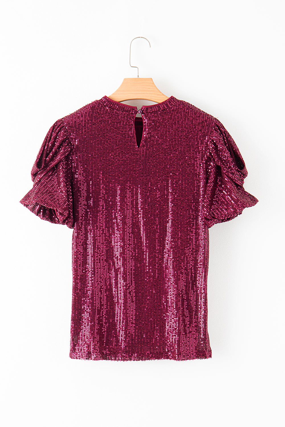 Glittering Sequin Short Bubble Sleeve Blouse | Burgundy