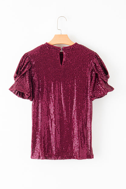 Glittering Sequin Short Bubble Sleeve Blouse | Burgundy