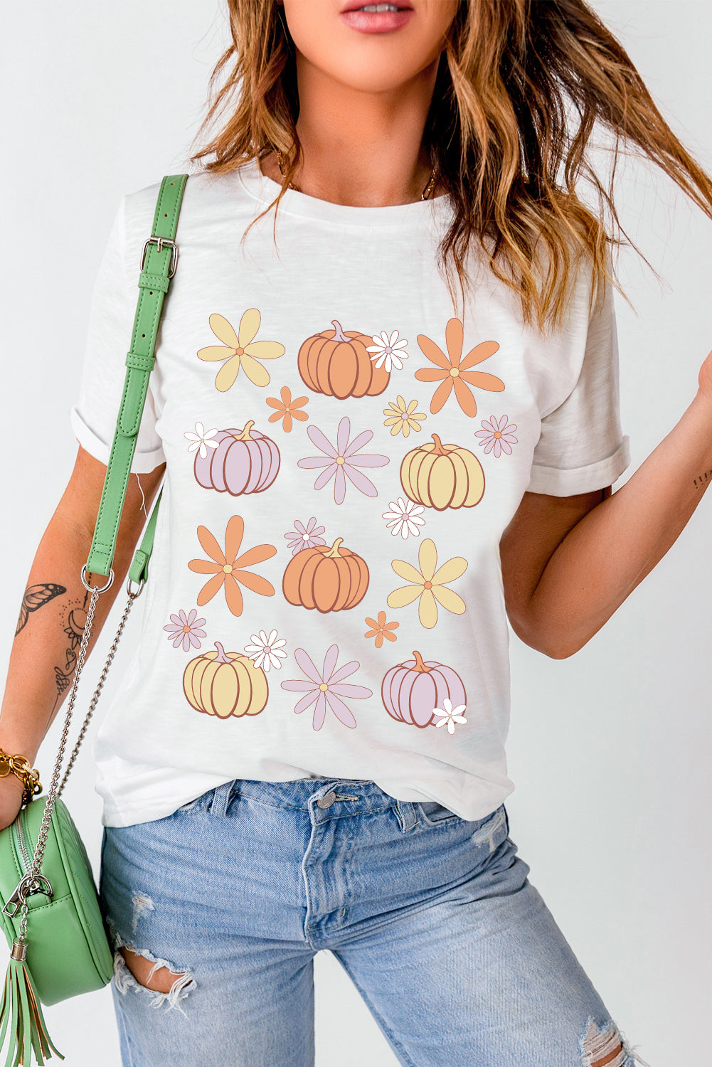 Floral Pumpkin Graphic Crewneck Halloween T Shirt | White