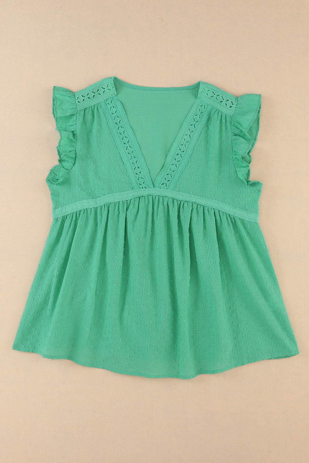 Eyelet V Neckline Ruffle Swiss Dot Top | Green