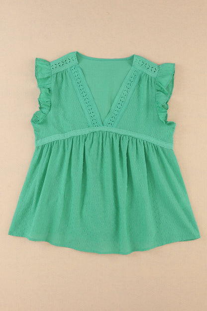 Eyelet V Neckline Ruffle Swiss Dot Top | Green