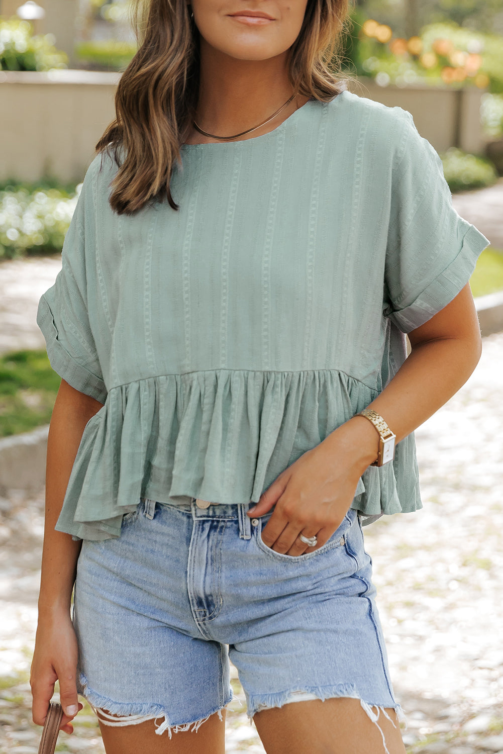 Textured Ruffled Hem Short Sleeve Blouse | Laurel Green