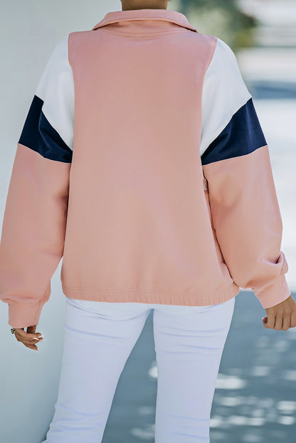 Colour Block Patch Bicep Quarter Zip Sweatshirt | Pink