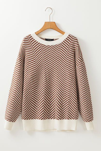 Contrast Edge Crew Neck Drop Shoulder Sweater | Coffee