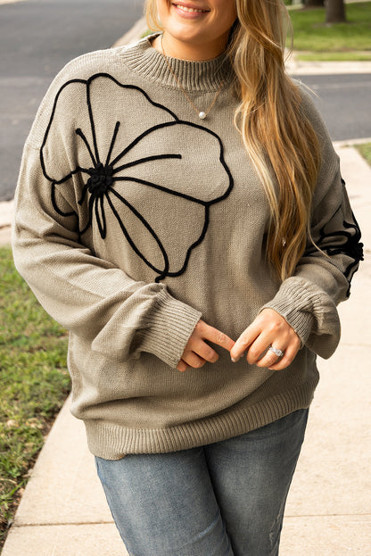 Plus Size Big Flower Pattern High Neck Drop Shoulder Sweater | Dark Khaki