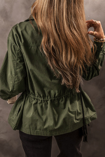 Snap Button Zipper Tight Waist Collared Jacket | Moss Green