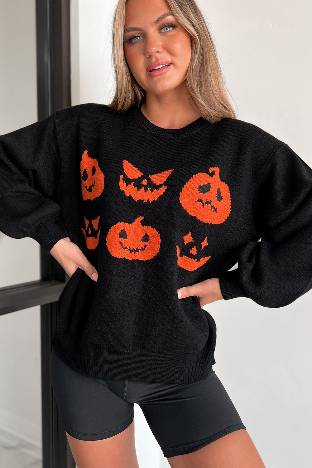 Halloween Pumpkin Face Pattern Drop Shoulder Sweater | Black