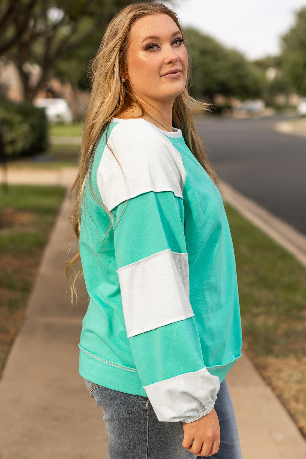 Colourblock Patchwork Cross Seam Plus Sweatshirt | Aruba Blue