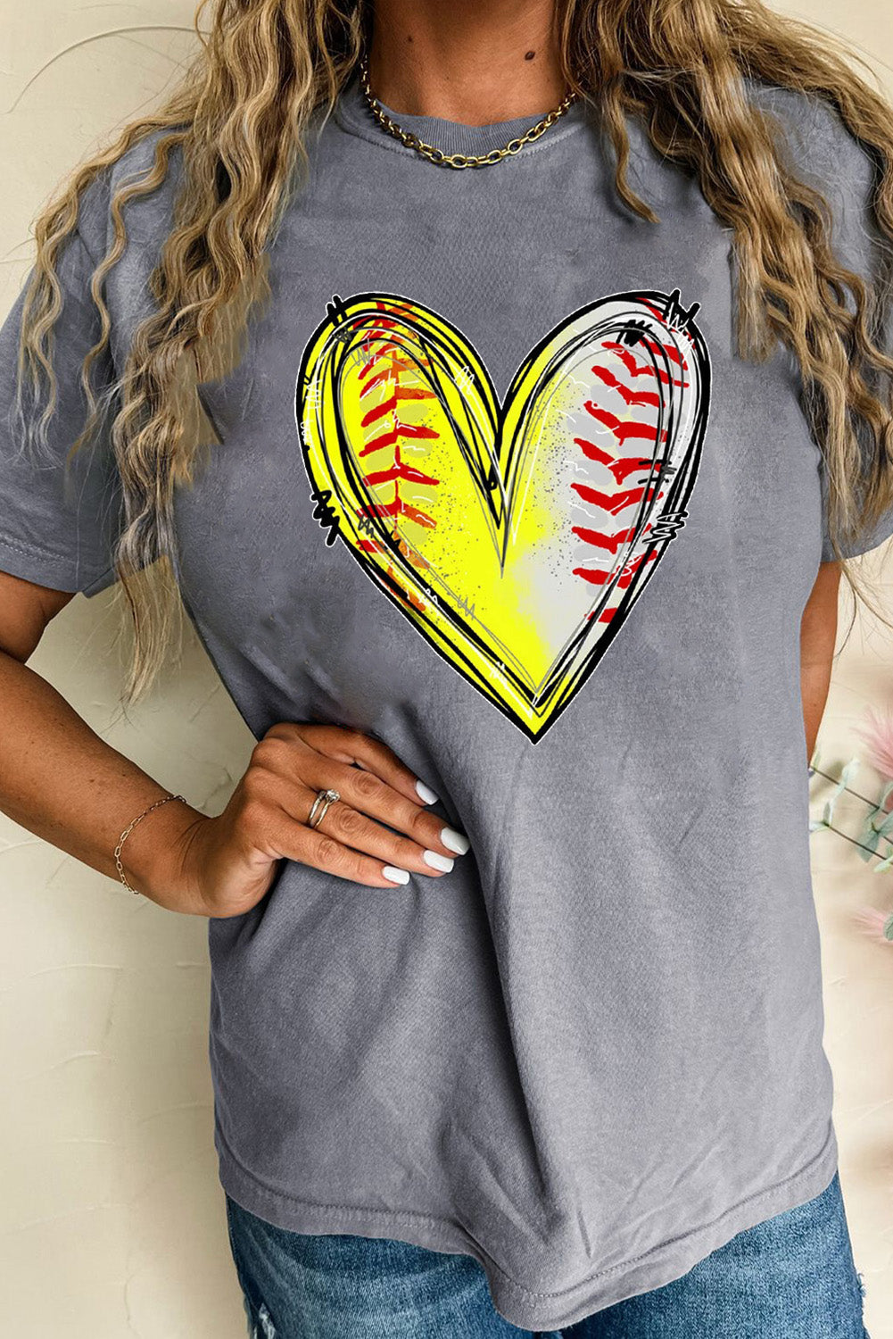 Baseball Heart Shape Print Crew Neck T Shirt | Gray