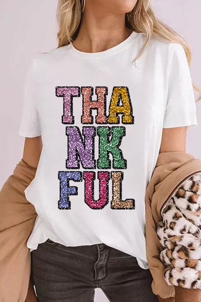 Heat-Transfer Printed Thankful Letter Graphic T Shirt | White