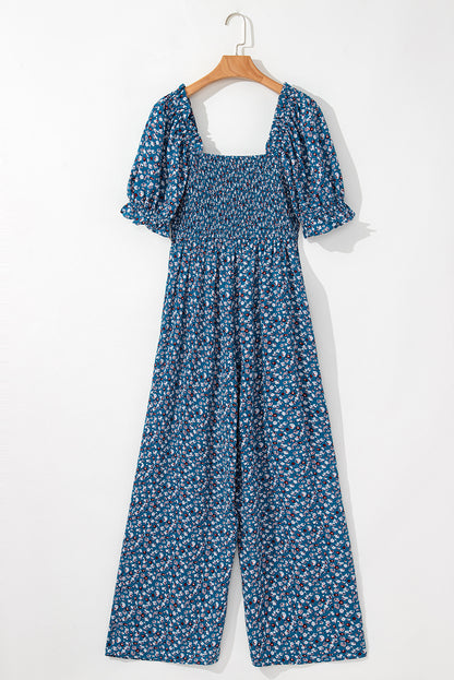 Vintage Boho Floral Smocked Short Puff Sleeve Wide Leg Jumpsuit | Blue