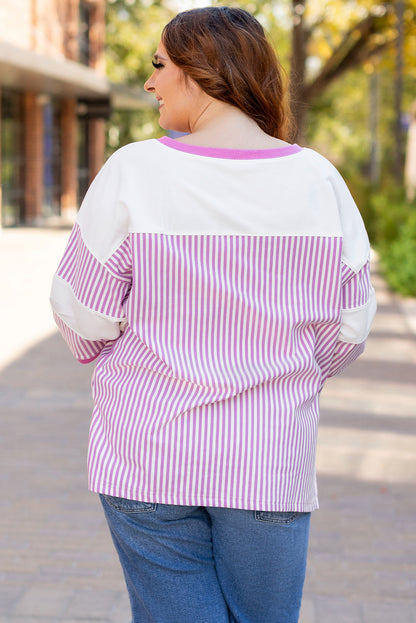 Patchwork Bracelet Sleeve Plus Size T Shirt | Pink Stripe