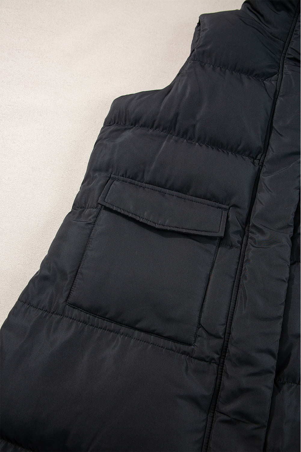 Windproof Longline Full Zipper Puffer Vest With Pockets | Black