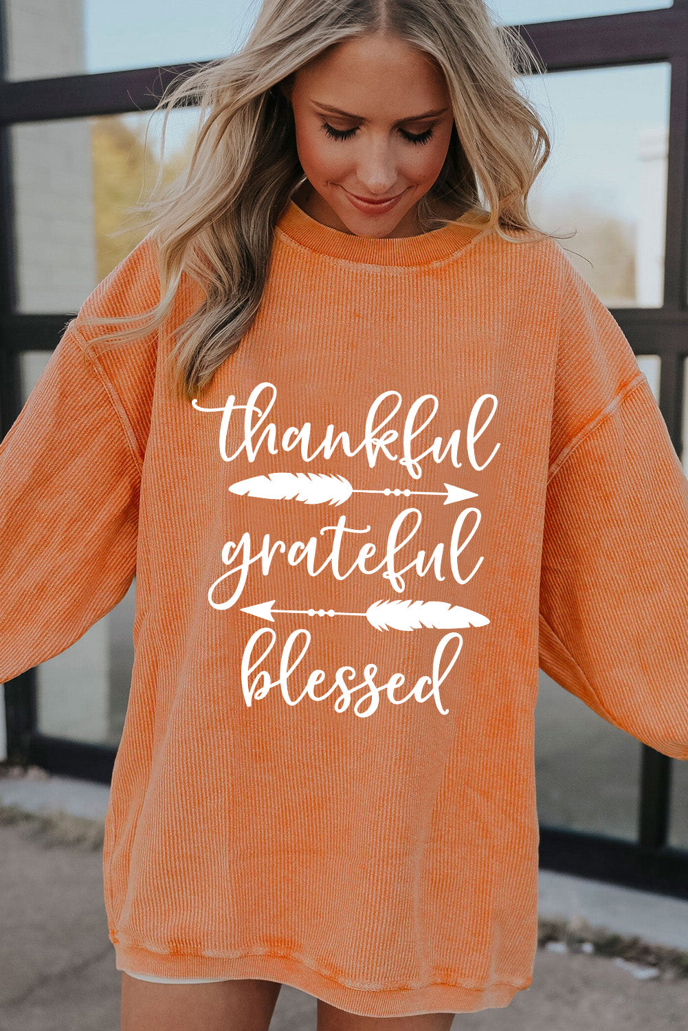 Thankful Grateful Blessed Arrow Graphic Corded Sweatshirt | Orange