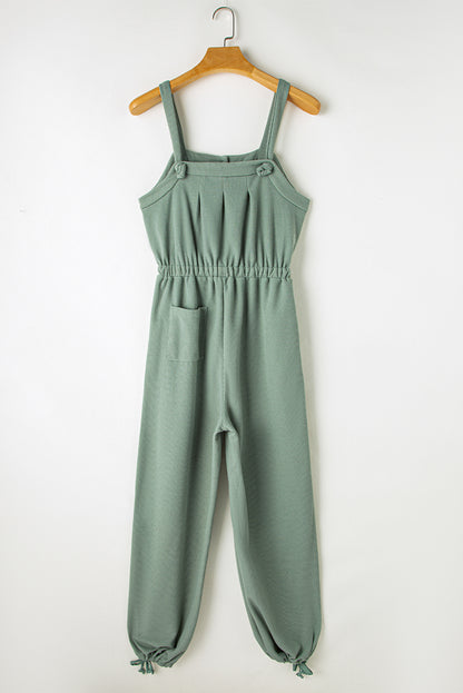 Knotted Straps Button Textured Drawstring Jumpsuit | Moss Green