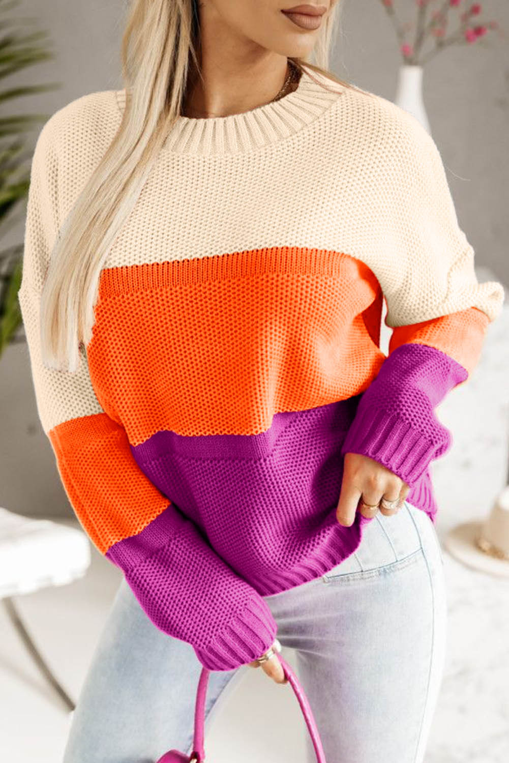 Colour Block Drop Shoulder Round Neck Knit Sweater | Multicolour