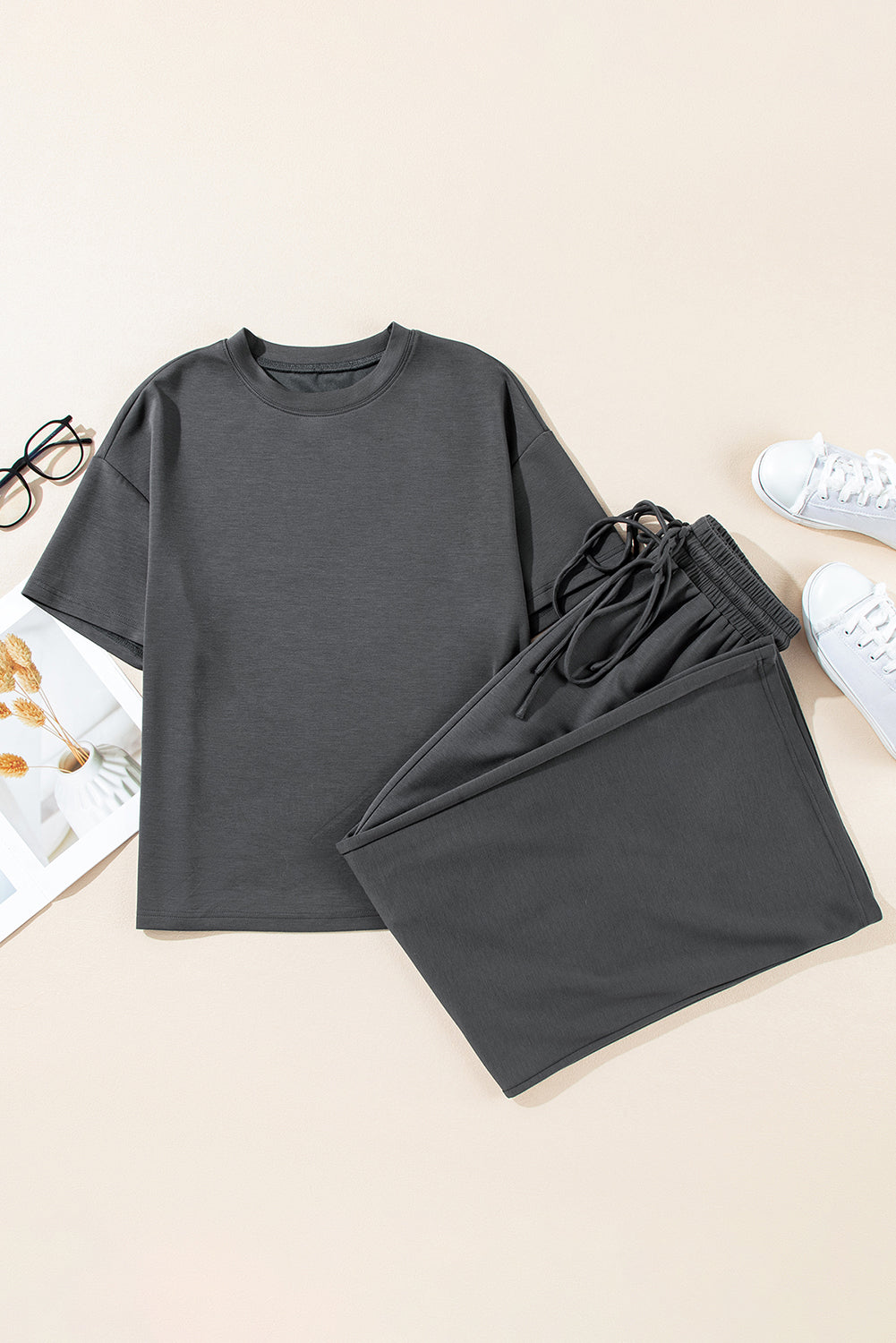 Drawstring Side Crewneck Tee And Loose Pants Set | Dark Grey