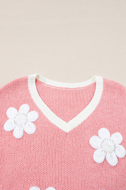 Flower V Neck Dropped Shoulder Sweater | Pink