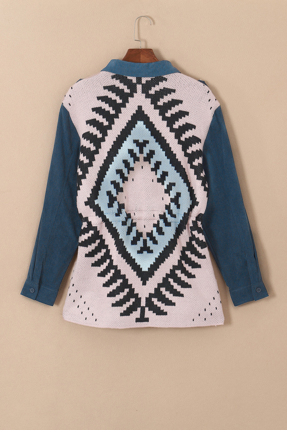 Plus Size Corduroy Jacquard Knit Aztec Back Jacket | Blue