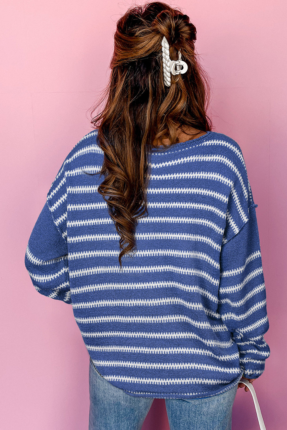 Drop Shoulder Casual Sweater | Sky Blue Stripe