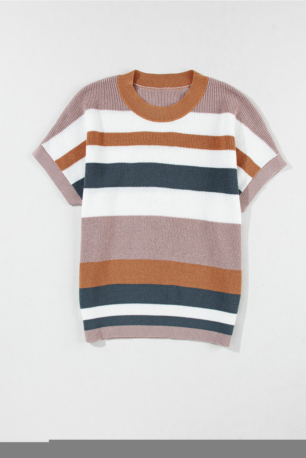 Striped Knit Crew Neck T Shirt Sweater | Camel