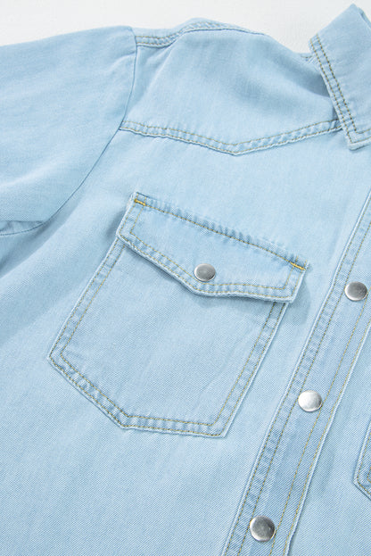 Vintage Light Wash Flap Pockets Rounded Hem Shirt | Mist Blue