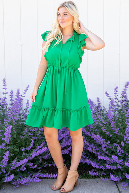 Split V Neck Elastic Waist Ruffled Dress | Bright Green