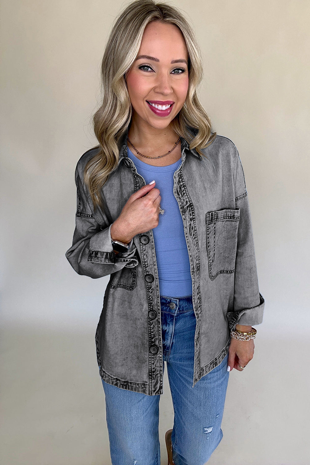 Mineral Wash Patched Pocket Split Denim Jacket | Medium Grey