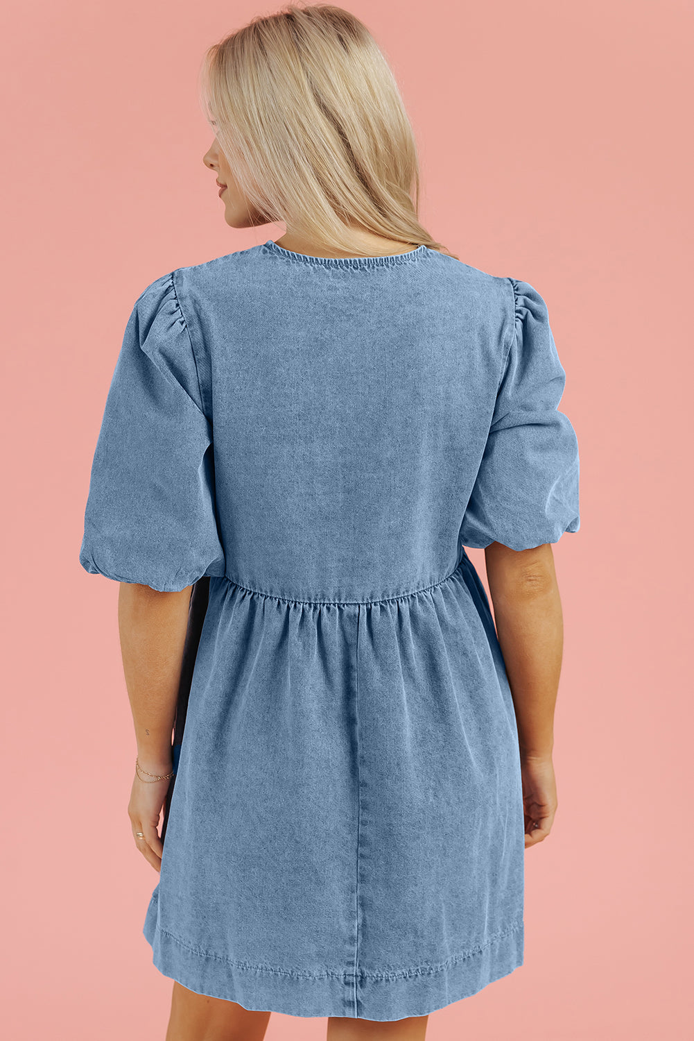 Bowknot Bubble Sleeve Short Denim Dress | Dusk Blue