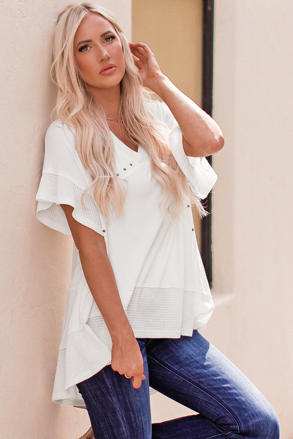 Contrast Knit Splicing V Neck Studded Blouse | White