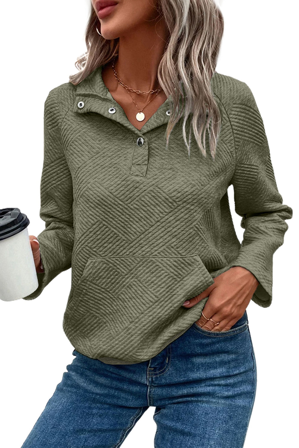 Textured Knit Buttoned Kangaroo Pocket Sweatshirt | Laurel Green