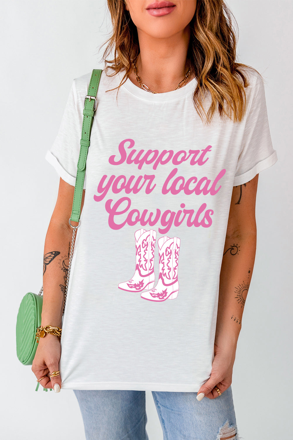 Support Your Local Cowgirls Boots Print Crewneck Tee | White